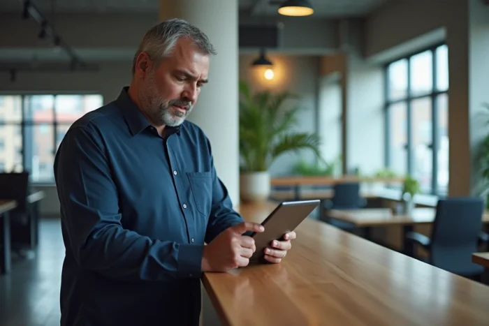 Homme consultant le site Masca Online sur une tablette dans un espace de coworking moderne