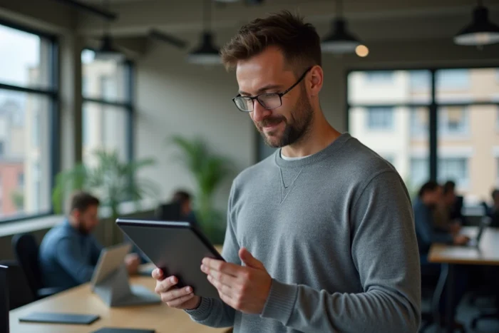 Homme consultant le plan du site Tic et Net sur une tablette dans un espace de coworking
