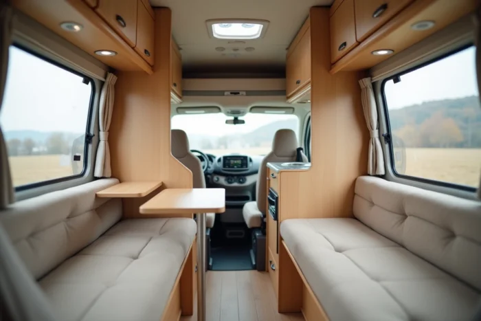 Intérieur cosy d'une caravane Rubis 310 avec banquette, table et cuisine compact