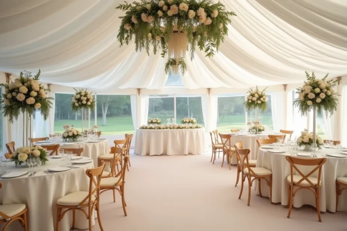 Intérieur d'un chapiteau de mariage parisien décoré avec tables rondes, fleurs et drapés en mousseline