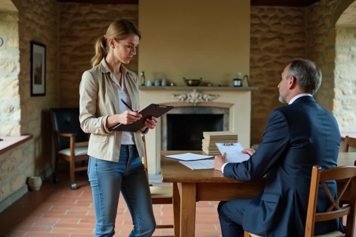 Femme et notaire examinant des documents administratifs dans l'intérieur rustique d'une maison éclusière bretonne