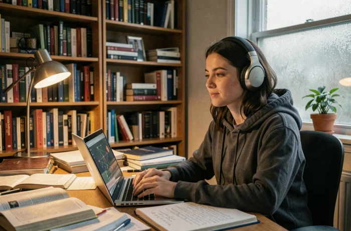 Jeune chercheuse étudiant des données scientifiques dans un bureau universitaire entouré de revues académiques