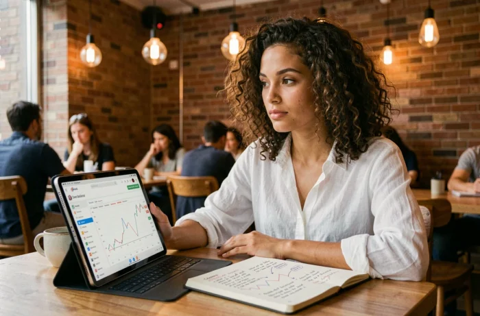 Jeune femme prenant des notes sur des ressources financières en ligne depuis une tablette dans un café urbain moderne