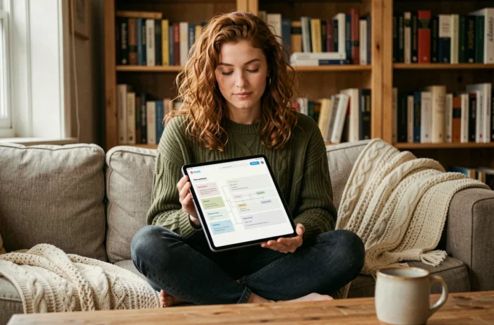 Jeune femme consultant un plan de site sur tablette depuis un bureau à domicile chaleureux et moderne