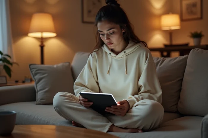 Jeune femme utilisant un navigateur sécurisé sur une tablette dans son salon pour protéger sa confidentialité en ligne