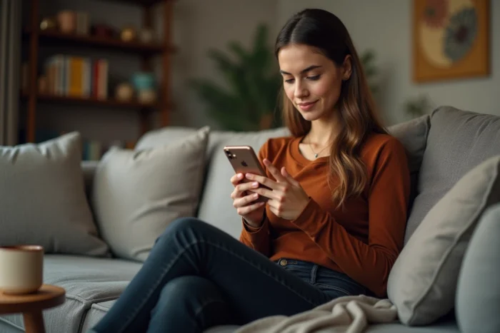 Jeune femme accédant aux pages de Masca Online depuis son smartphone dans un salon confortable