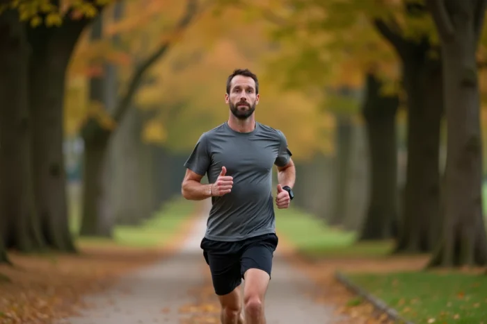 Homme en train de courir dans un parc verdoyant de Quimper lors d'une séance de jogging