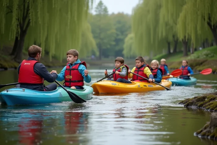 Groupe d'enfants faisant du kayak sur la rivière à Quimper encadrés par un moniteur