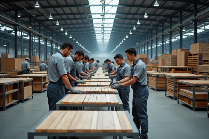 Vue large d'une ligne d'assemblage de mobilier de jardin Hespéride dans une usine de production contemporaine