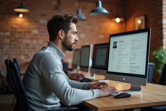 Homme consultant un logiciel de création de CV en ligne dans un espace de coworking moderne