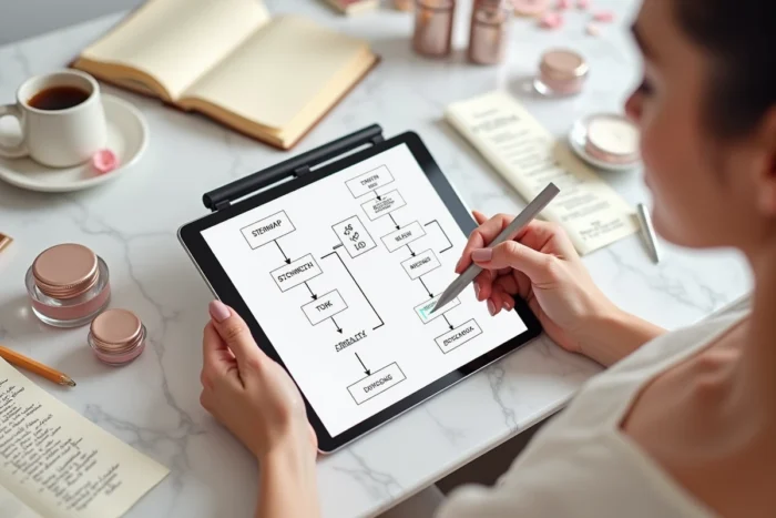 Mains féminines dessinant un plan de sitemap pour site beauté sur tablette avec carnets et produits cosmétiques