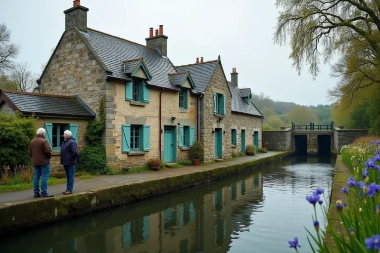 Couple examinant une maison éclusière en granit breton au bord d'un canal avec écluse en arrière-plan
