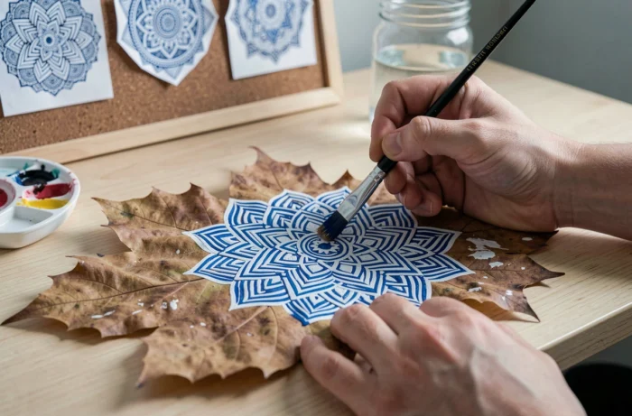 Mains peignant un mandala géométrique détaillé à la peinture acrylique sur une grande feuille séchée
