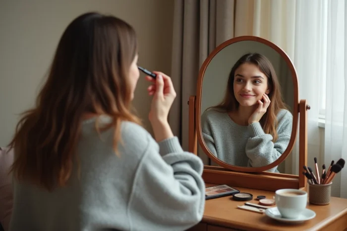 Jeune femme appliquant du mascara devant un miroir rond sur une coiffeuse en bois vintage, maquillage naturel quotidien dans une chambre cosy
