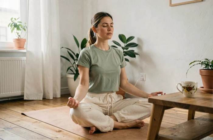 Femme pratiquant la méditation matinale en position assise dans un salon minimaliste lumineux, entourée de plantes et d'une tasse de tisane, pour illustrer les astuces bien-être au quotidien