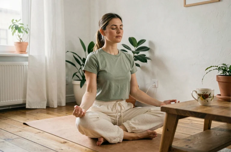 Femme pratiquant la méditation matinale en position assise dans un salon minimaliste lumineux, entourée de plantes et d'une tasse de tisane, pour illustrer les astuces bien-être au quotidien