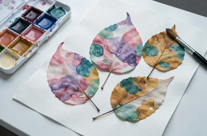 Feuilles pressées décorées de motifs abstraits à l'aquarelle en lavis translucides colorés rose et violet