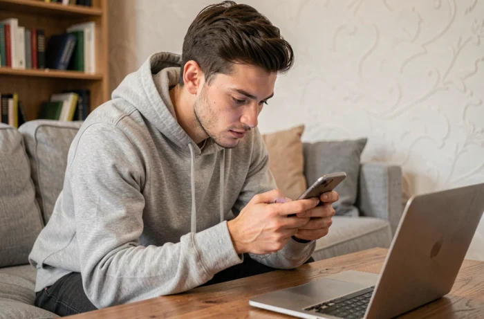 Jeune homme utilisant l'application mobile de la Banque Postale pour faire opposition sur sa carte perdue depuis son canapé