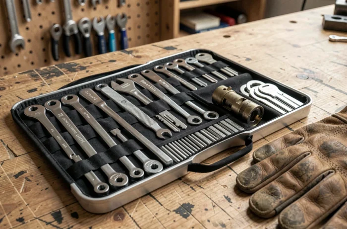Mallette d'outils de serrurier ouverte avec crochets et cylindre de serrure sur un établi en bois