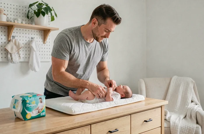 Papa changeant la couche de son nouveau-né sur une commode en chêne clair avec un emballage de couches Pampers posé à côté dans une chambre de bébé moderne