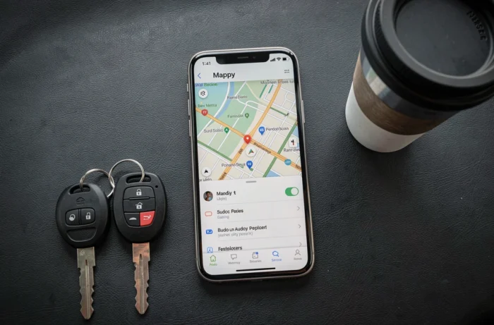 Smartphone posé sur le tableau de bord affichant les paramètres audio de l'application GPS Mappy