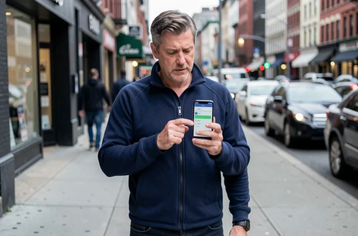 Homme en ville consultant l'application GPS Mappy sur son smartphone pour rétablir le son de navigation