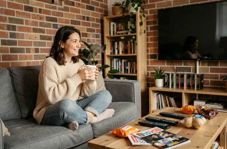 Femme passionnée de séries TV installée confortablement dans son salon avec une tasse de café, regardant un écran plat entourée de DVDs et de plantes