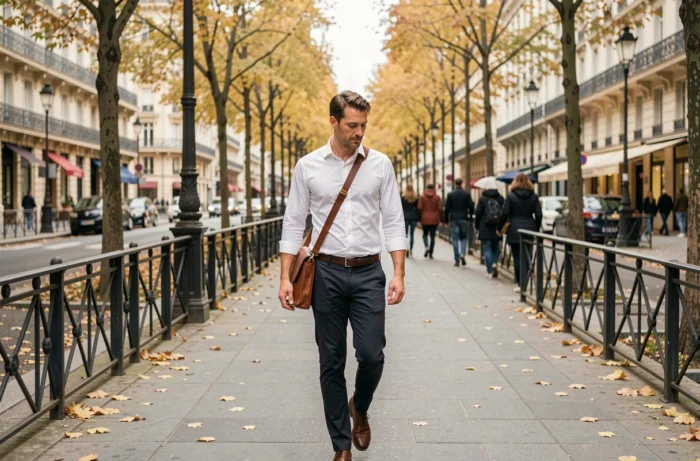 Homme actif marchant sur un boulevard parisien en automne, symbolisant la mobilité douce et la pause bien-être pendant la journée de travail à Paris
