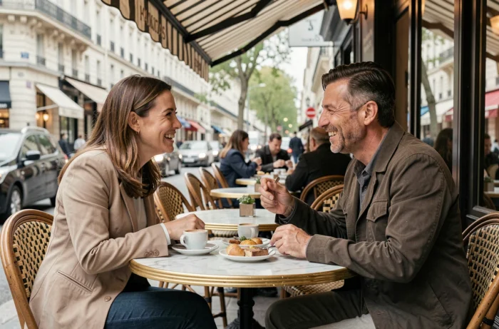 Deux collègues parisiens profitant d'une pause déjeuner en terrasse de café, représentant l'importance du lien social pour le bien-être au travail à Paris