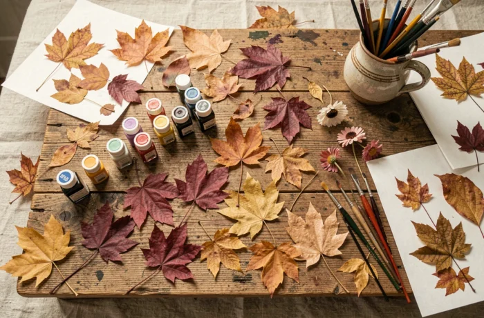 Table d'atelier créatif avec feuilles séchées, pinceaux et peintures pour créer des œuvres sur feuilles à la maison