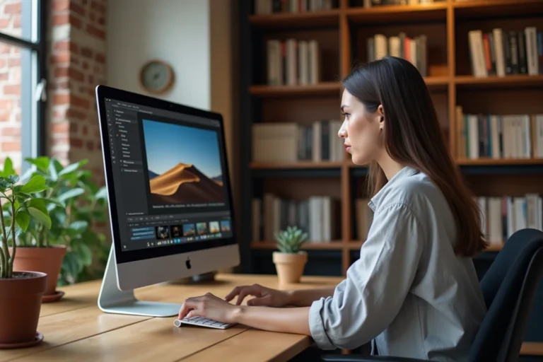 Photographe professionnelle consultant les formules d'abonnement Adobe Lightroom sur son iMac dans un bureau à domicile chaleureux