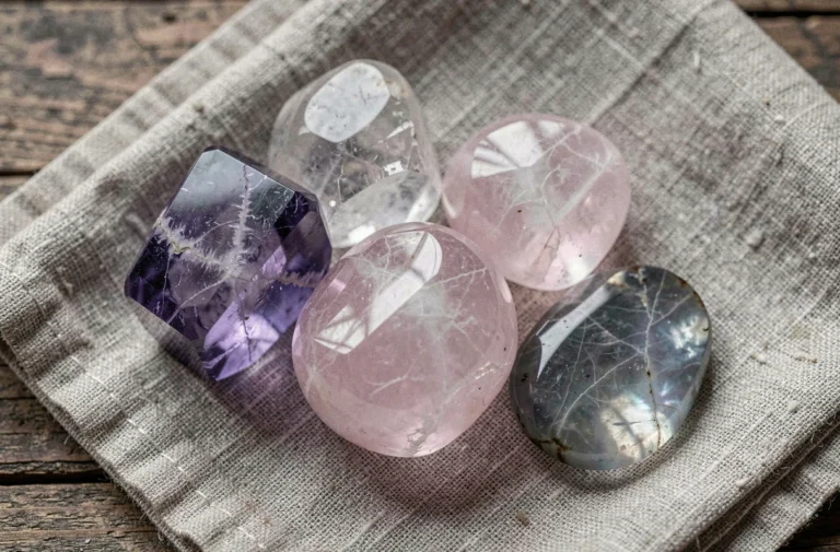 Pierres de cristal apaisantes — améthyste, quartz rose et labradorite — disposées sur un tissu de lin pour calmer l'anxiété