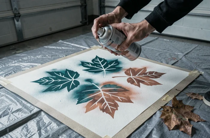 Technique de pochoir inversé avec des feuilles séchées et bombe de peinture créant des silhouettes sur papier