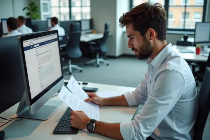 Jeune professionnel comparant des documents officiels pour vérifier l'authenticité d'un avis de créance publique