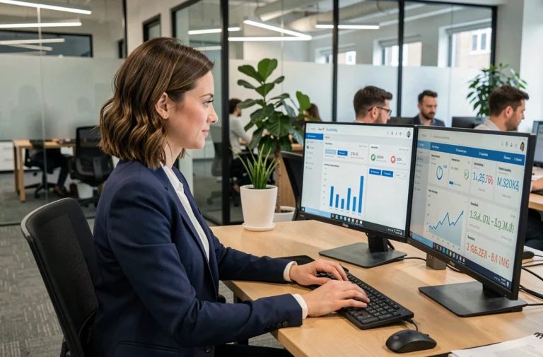 Professionnelle analysant des tableaux de bord de visibilité de marque en ligne sur des écrans d'ordinateur dans un bureau moderne