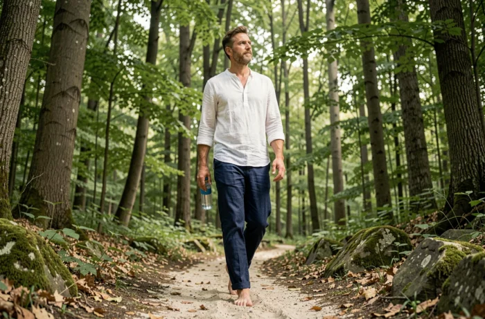 Homme marchant pieds nus sur un sentier forestier paisible, tenant une bouteille d'eau réutilisable, symbolisant une routine bien-être naturelle et une reconnexion avec la nature au quotidien