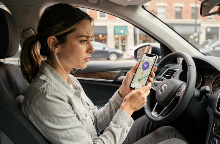 Femme dans une voiture tenant un smartphone avec l'application GPS Mappy ouverte pour réactiver le son