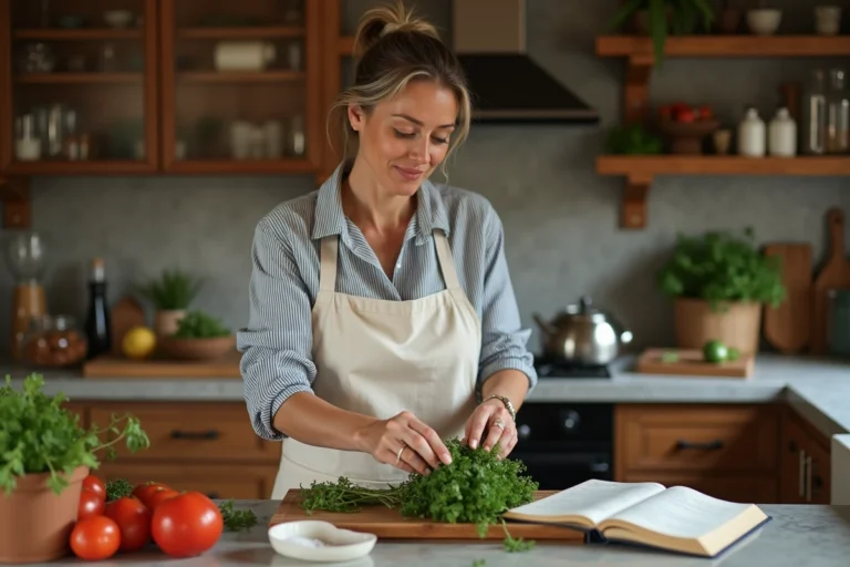Femme cuisinière arrangeant des herbes fraîches sur une planche en bois dans une cuisine rustique en linen