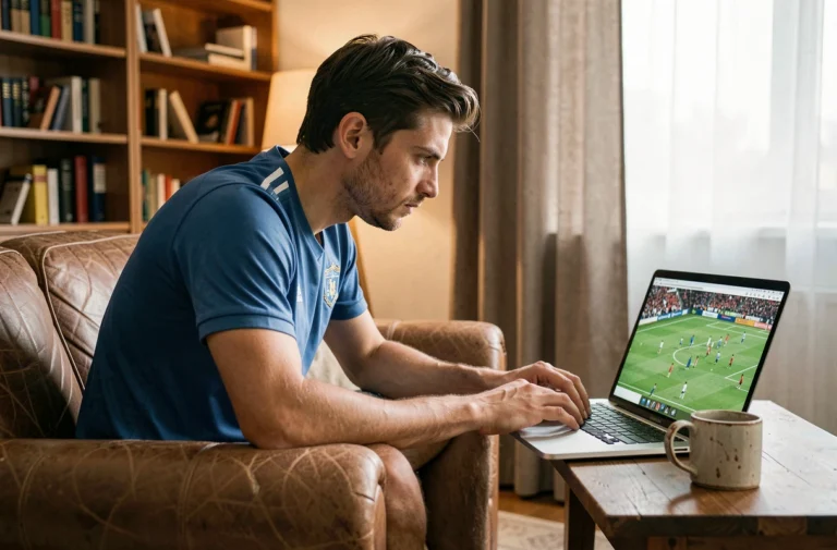 Homme regardant un match de football en direct sur un ordinateur portable depuis son canapé