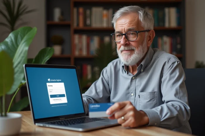 Retraité SNCF connecté à son espace en ligne pour activer son pass Carmillon sur ordinateur portable