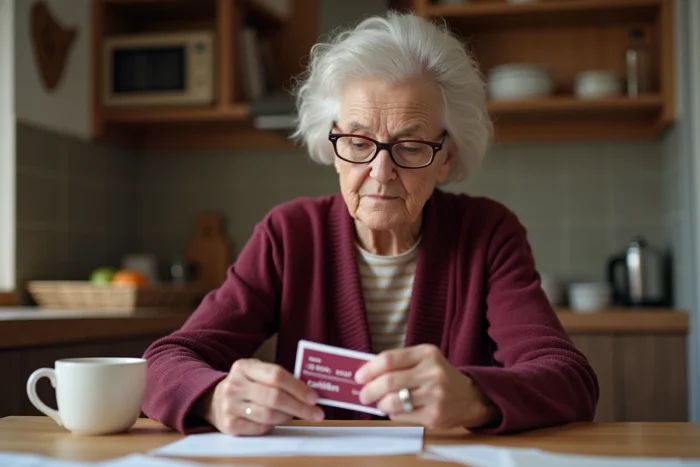 Retraitée SNCF tenant sa carte pass Carmillon à la main, assise à une table en bois dans sa cuisine