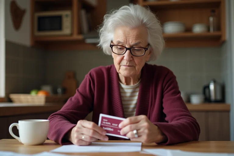 Retraitée SNCF tenant sa carte pass Carmillon à la main, assise à une table en bois dans sa cuisine