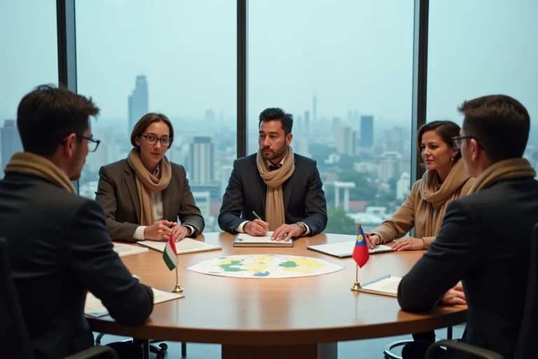 Groupe de professionnels internationaux réunis autour d'une table de conférence pour discuter des principes du Pacte mondial de l'ONU pour un développement durable