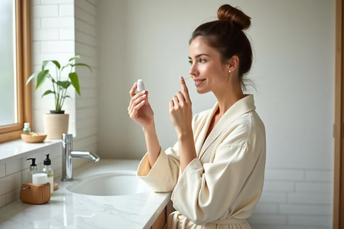 Femme appliquant un sérum de soin sur son visage devant un meuble de salle de bain en marbre, ambiance beauté minimaliste et naturelle