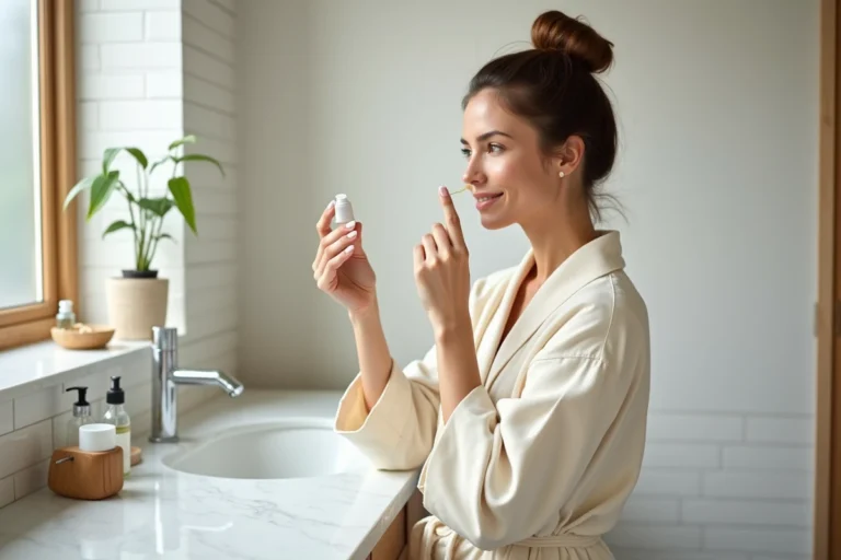 Femme appliquant un sérum de soin sur son visage devant un meuble de salle de bain en marbre, ambiance beauté minimaliste et naturelle