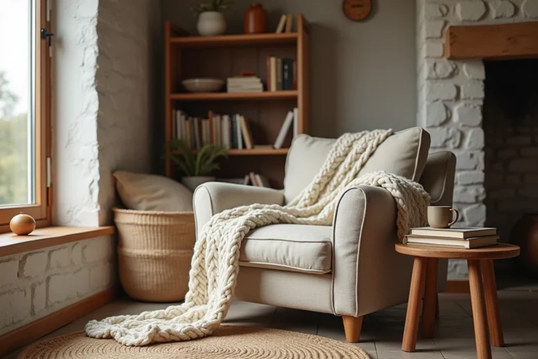 Coin salon cosy avec fauteuil en lin, plaid en laine épaisse et tasse en céramique dans un intérieur scandinave chaleureux