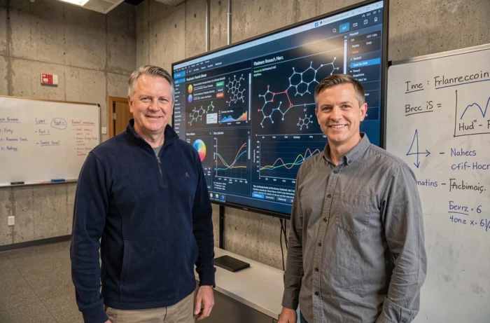 Deux scientifiques analysant des données complexes sur un grand écran dans un centre de recherche universitaire