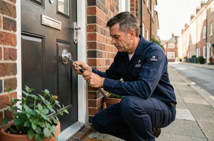 Serrurier professionnel en uniforme travaillant sur une serrure de porte d'entrée résidentielle