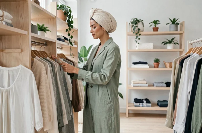 Femme en turban ivoire imprimé géométrique et combinaison lin vert sauge dans une boutique mode minimaliste, shopping tendances mode femme printemps