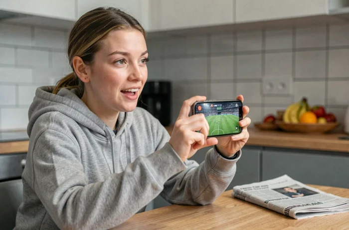 Femme regardant un match de football en streaming gratuit sur son smartphone dans la cuisine